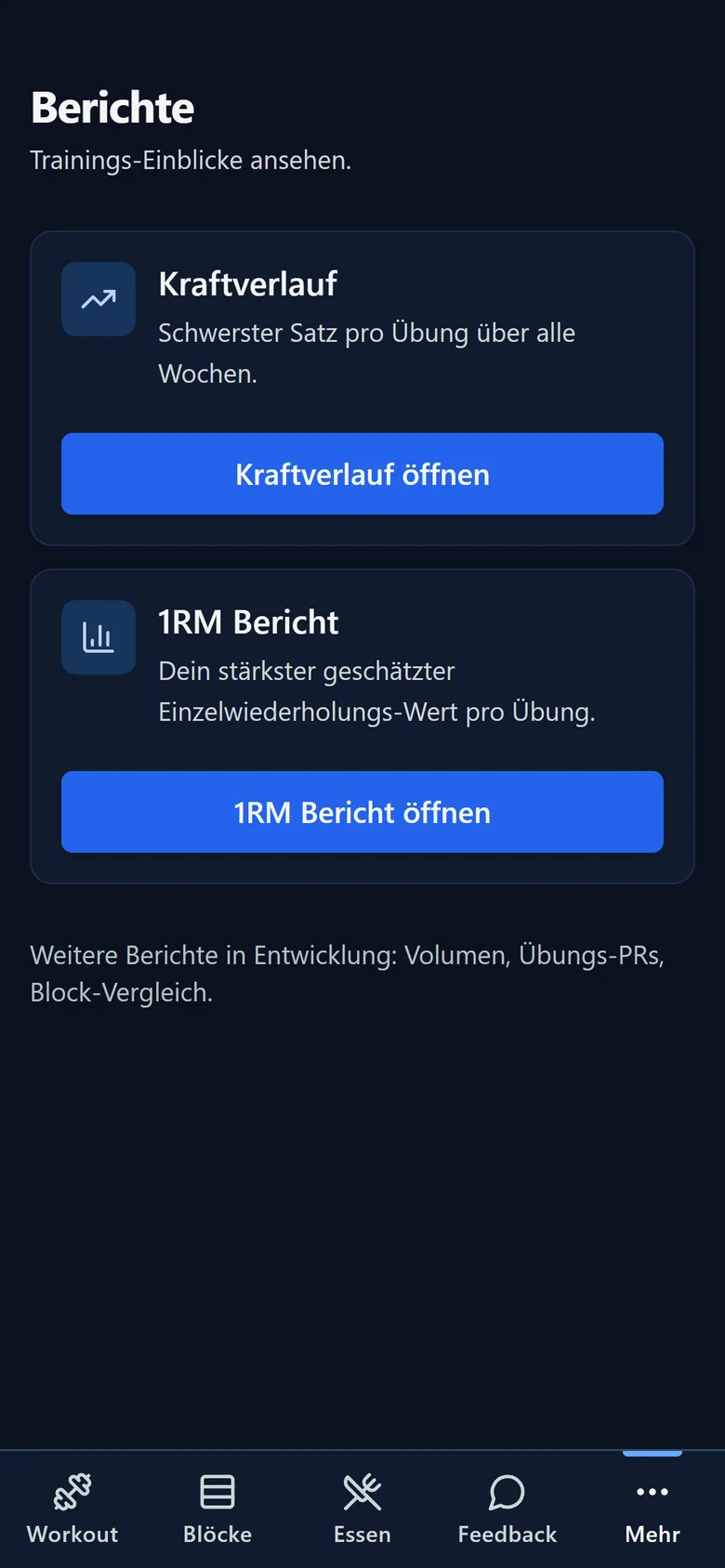 Berichte: Kraftverlauf und geschätztes 1RM auswählen